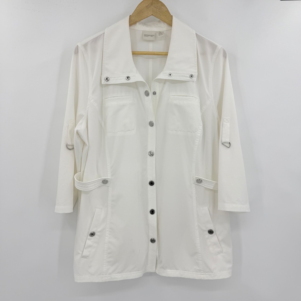 Zenergy by Chico's Utility Jacket Women Size 2 White 3/4 Sleeve Button Front